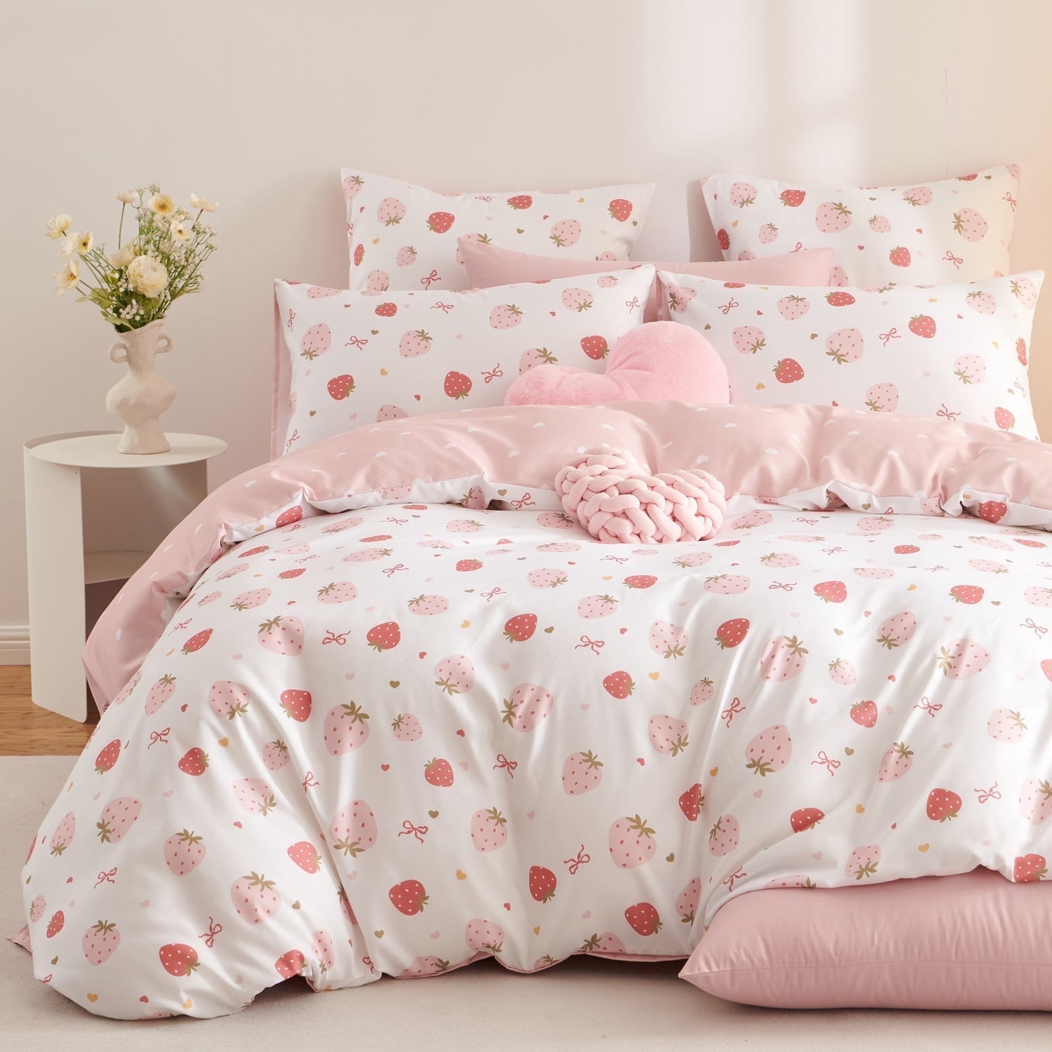 2 Pieces Strawberry Duvet Cover Set Twin Size Cute Pink Strawberry Hearts Bedding Set, Lightweight & Breathable Perfect for Girls
