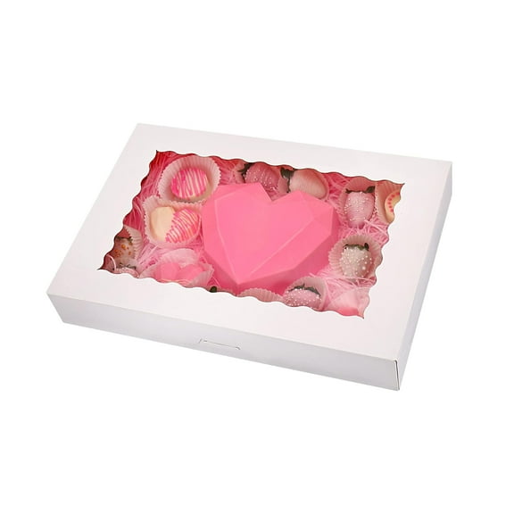 30-Pack 12x8x2.5 Inch White Bakery Boxes with Window, Cookie and Dessert Gift Boxes for Chocolate Strawberries, Donuts, Breakable Heart Treats