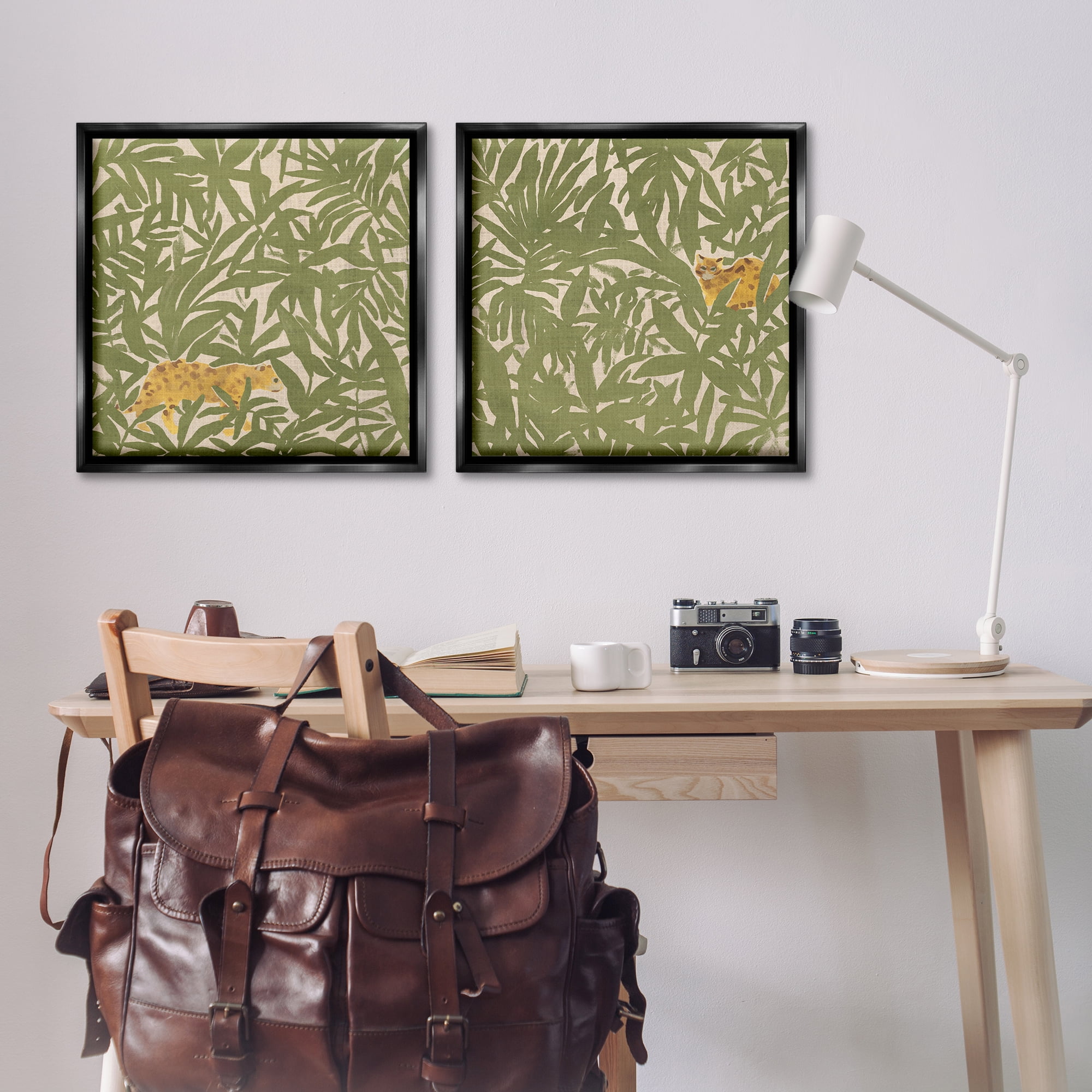 Stupell Industries Hunting Jungle Cat Plants & Flowers Painting Black Floater Framed Canvas Art Print Wall Art, 25 x 25, Set of 2