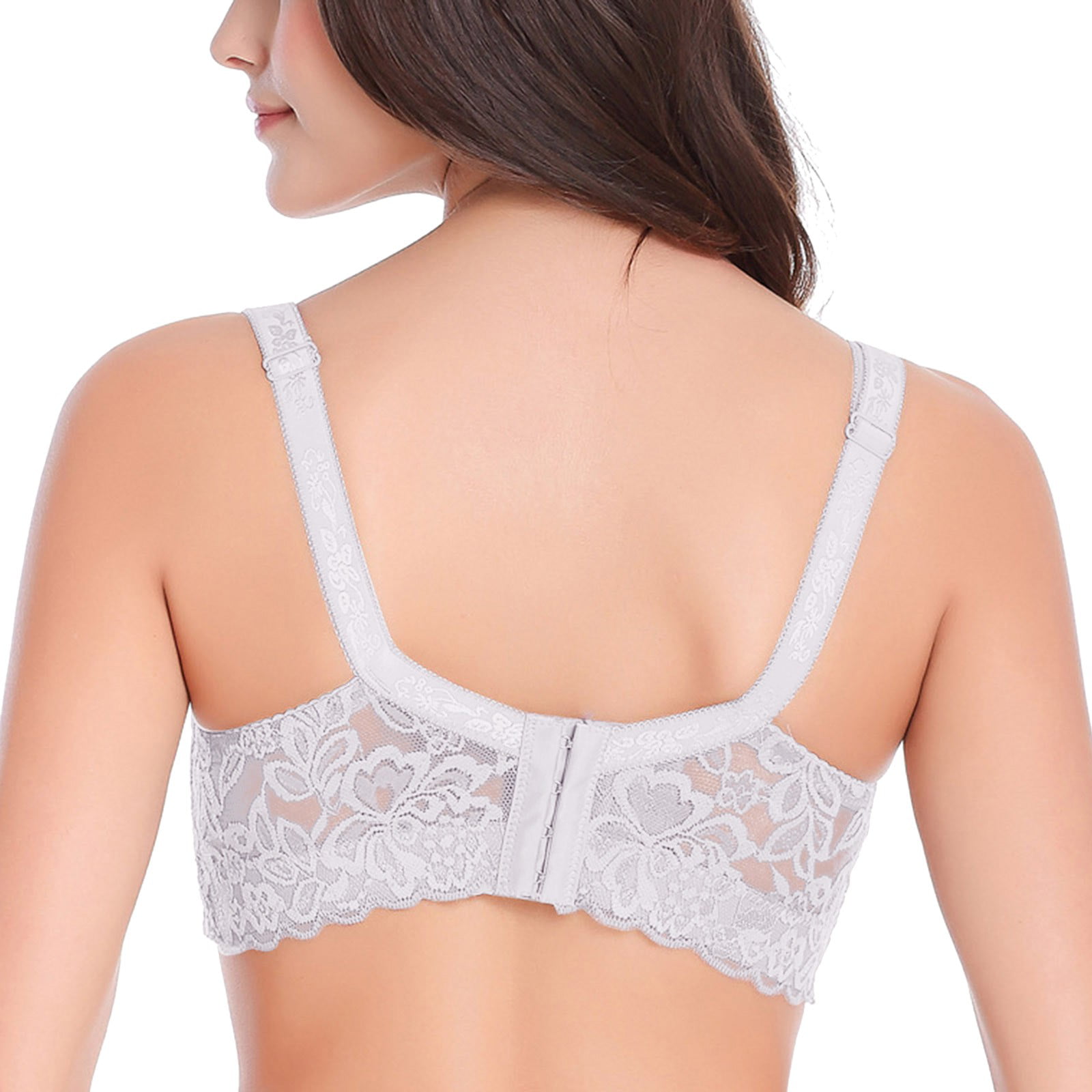 Entyinea Womens Satin Minimizer Bra Lace Bra with Stay-in-Place Straps  Full-Coverage Wirefree Bra White 75D