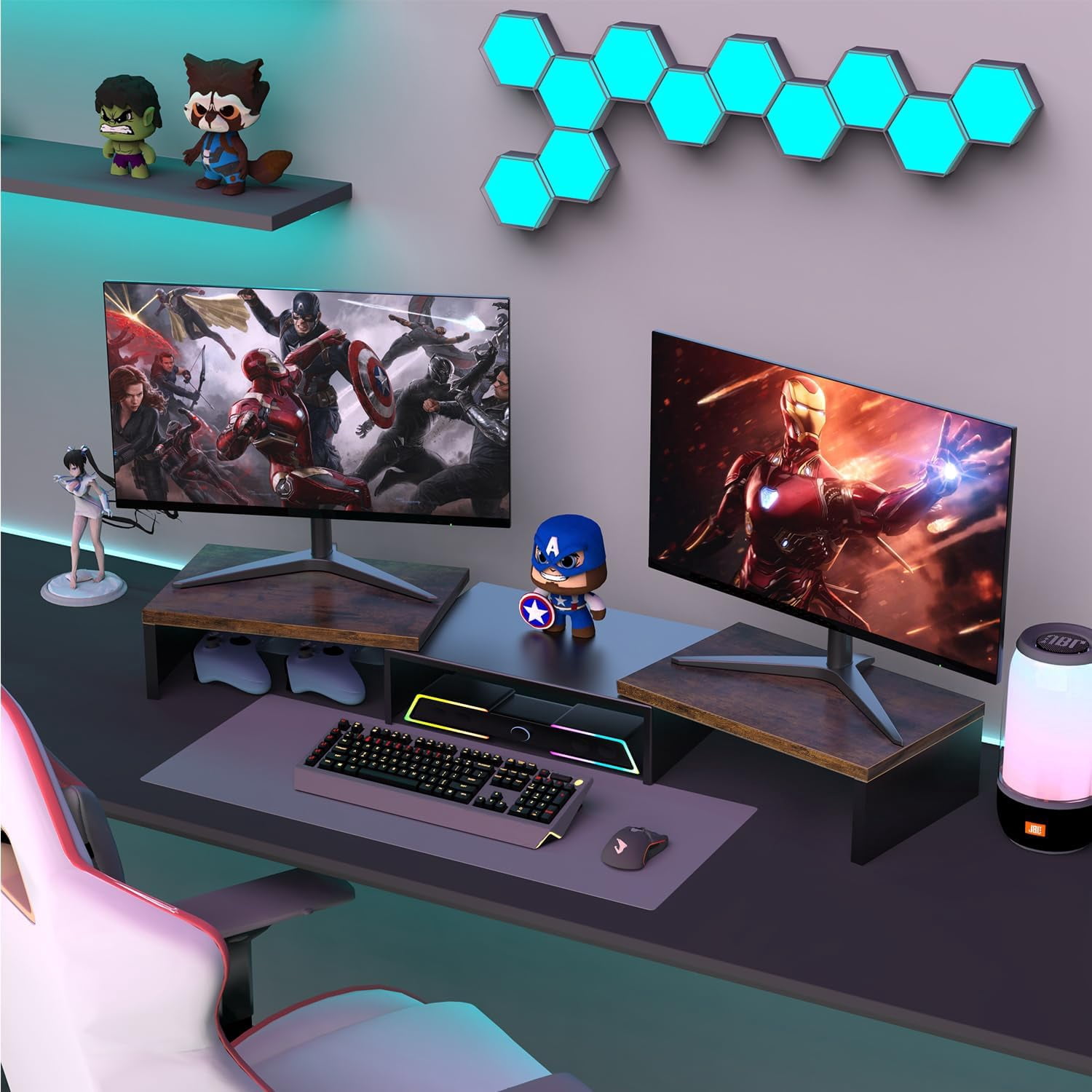 Dual Monitor Stand for Desk, Metal Computer Stand, Desk Shelf Riser,Desktop Organizer for Home and Office Use (Black)