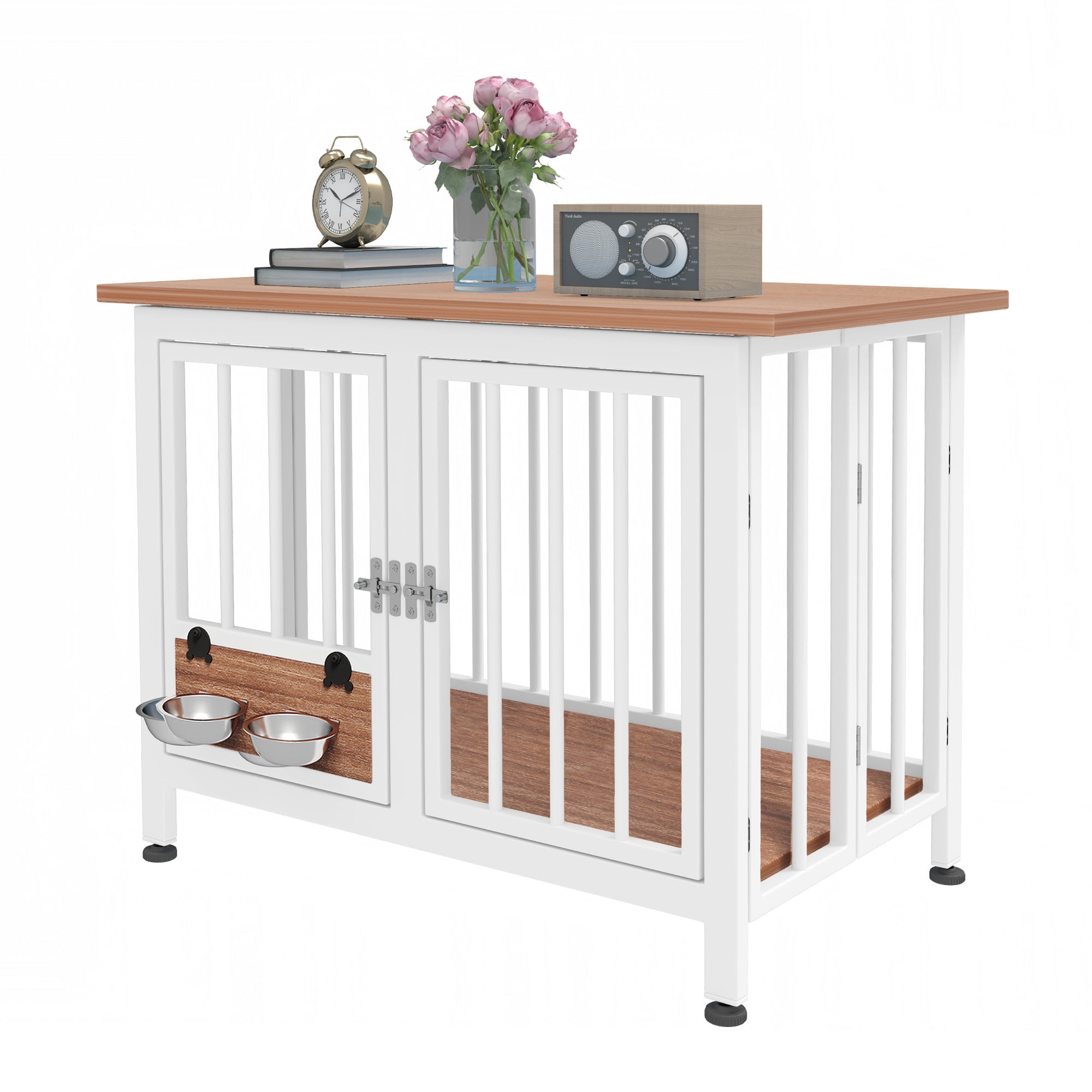 Uforic 33" Foldable Wooden Indoor Dog Cage Table with 360° Rotatable Bowls& Adjustable Feet, White&Brown