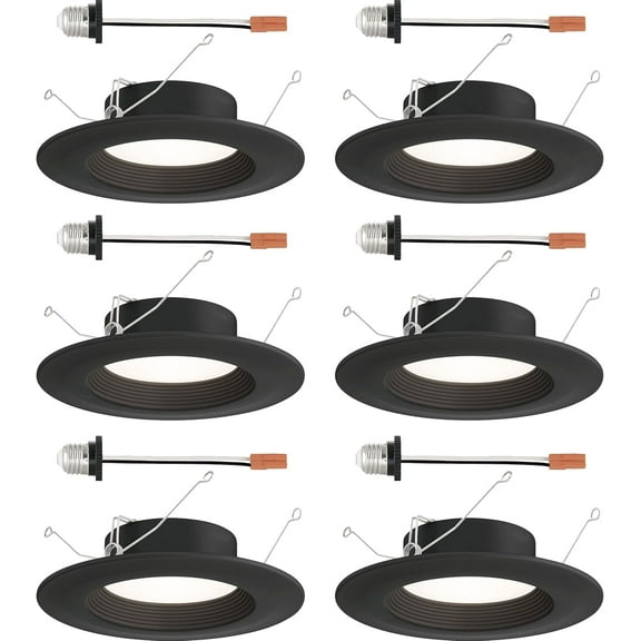 DESIGNERS FOUNTAIN LED Recessed Ceiling Lights, 6 Pack, 5"/6" retrofit Trim with E26 Socket Adaptor 5CCT Downlight Metal Light Fixture Set, Dimmable, 1050 Lumens, 2700K/3000K/3500K/4000K/5000K, Black