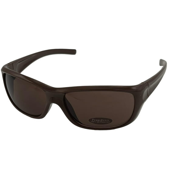 Perry Ellis Mens Sunglass Brown Rectangle Plastic Sport Wrap, Brown Lens PE02 03