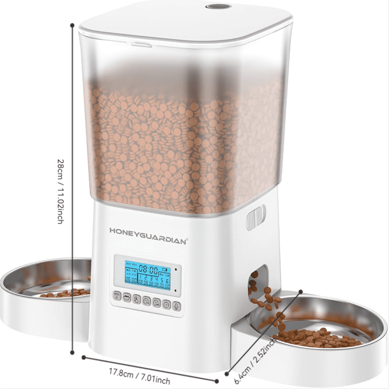 HONEYGUARDIAN Automatic Cat Feeder for 2 Cats 3.5L, Cat Food Dispenser with Stainless Steel Bowl,Timed Cat Feeder for Dry Food Programmable 1-6 Meals Control,Desiccant Bag,10s Meal Call