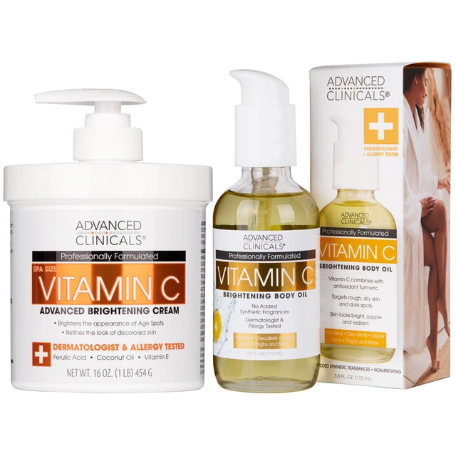 Advanced Clinicals Crema hidratante iluminadora con vitamina C + aceite corporal de vitamina C, juego de cuidado de la piel de 2 piezas | Aceite corporal y loción corporal nutritiva, iluminadora e hid