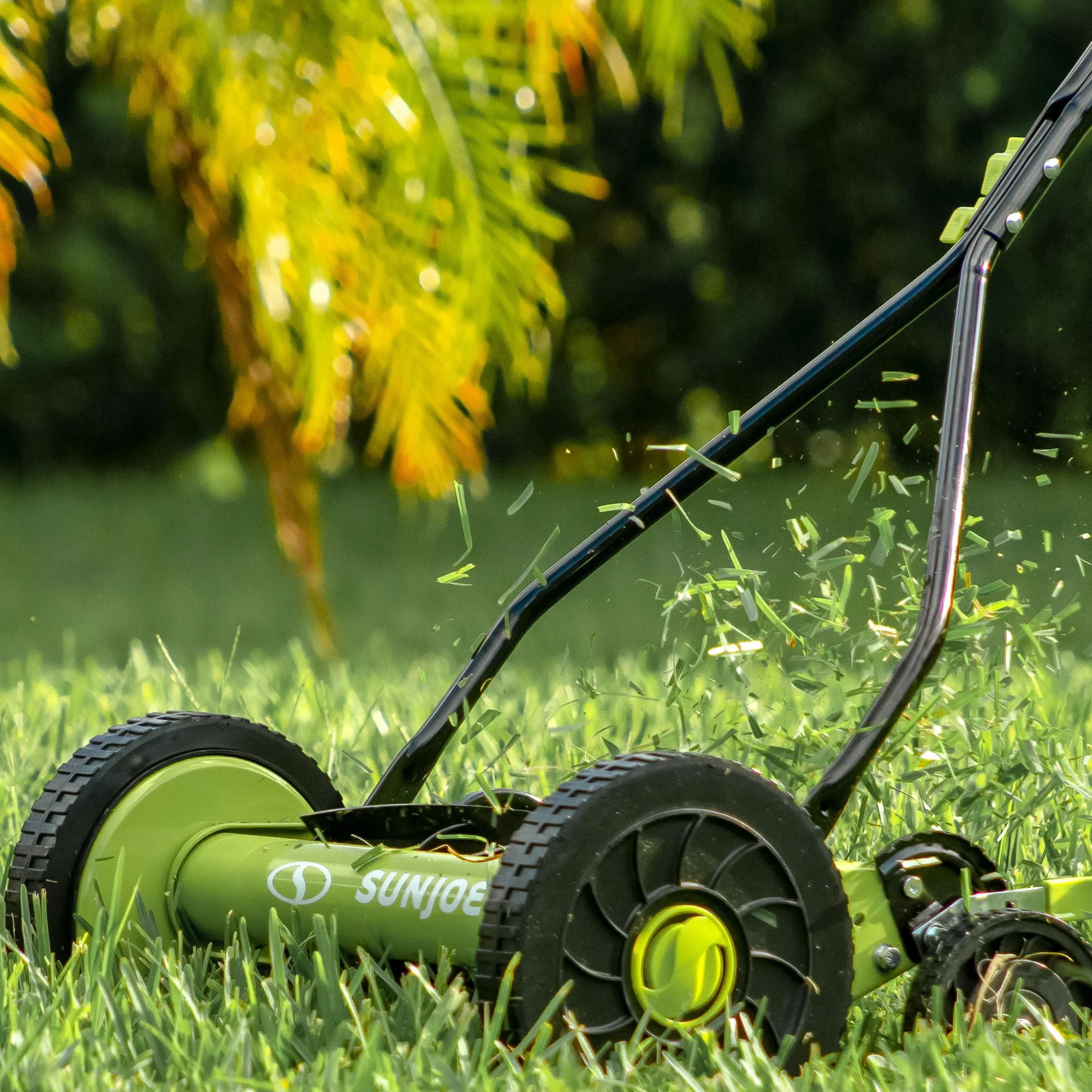 Sun Joe Manual Push Reel Lawn Mower with Quad Wheel, Adjustable Yard Grass Cutter, 14-Inch