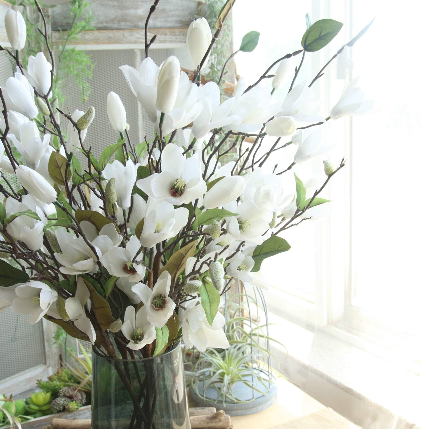 Artificial Flower 6pcs 30'' Long Stem Silk Magnolia Flower with 7 Blossoms and 2 Buds for Home Décor Housewarming Gift Wedding Bridal Bouquet Centerpiece Reception Hotel Restaurant(White)