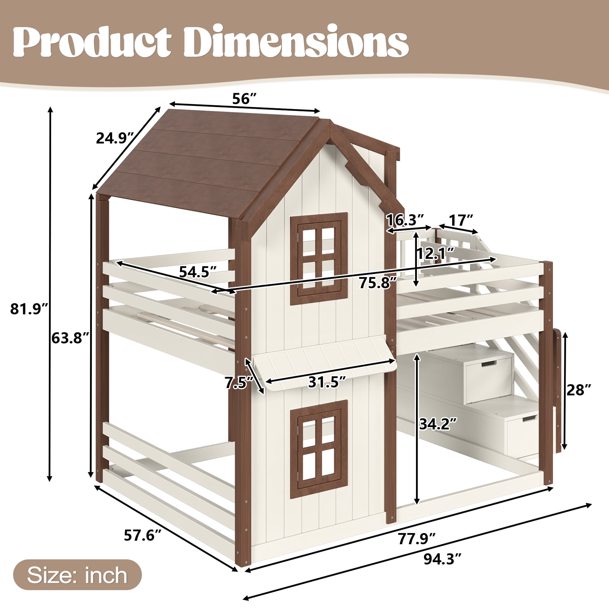 Leumius Full over Full House Bunk Bed with Storage Stairs, Kids Playhouse Bunk Bed with Roof and Windows, Solid Wood Bed Frame with Multifunctional Lower Space, Beige & Natural