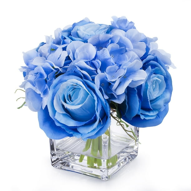 Enova Home Silk Hydrangea and Rose Flower Arrangement in Cube Glass Vase With Faux Water