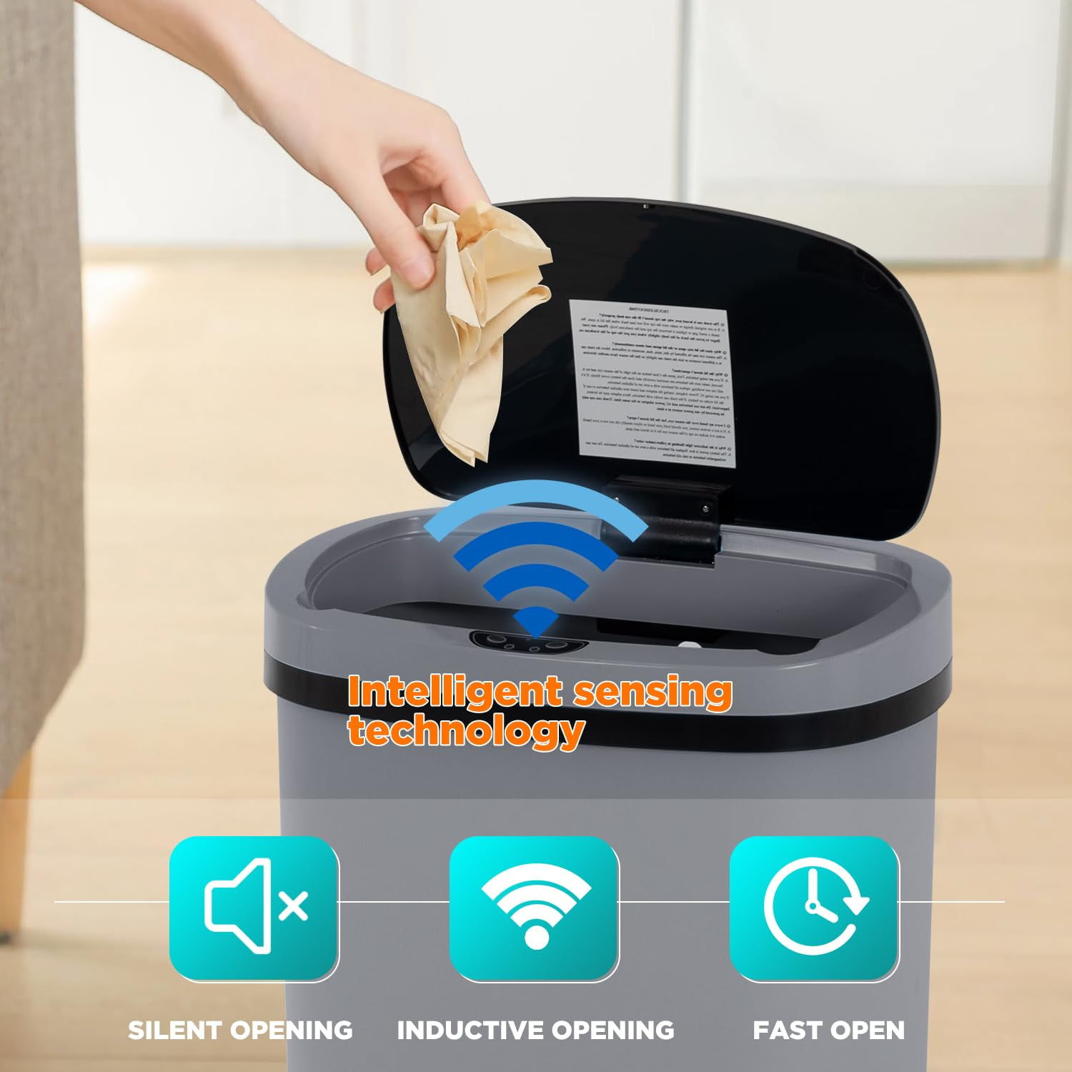 BestOffice 13Gal PlasticTrash Can Automatic Touchless, Odor Control Kitchen Garbage Can w/Lid, Gray