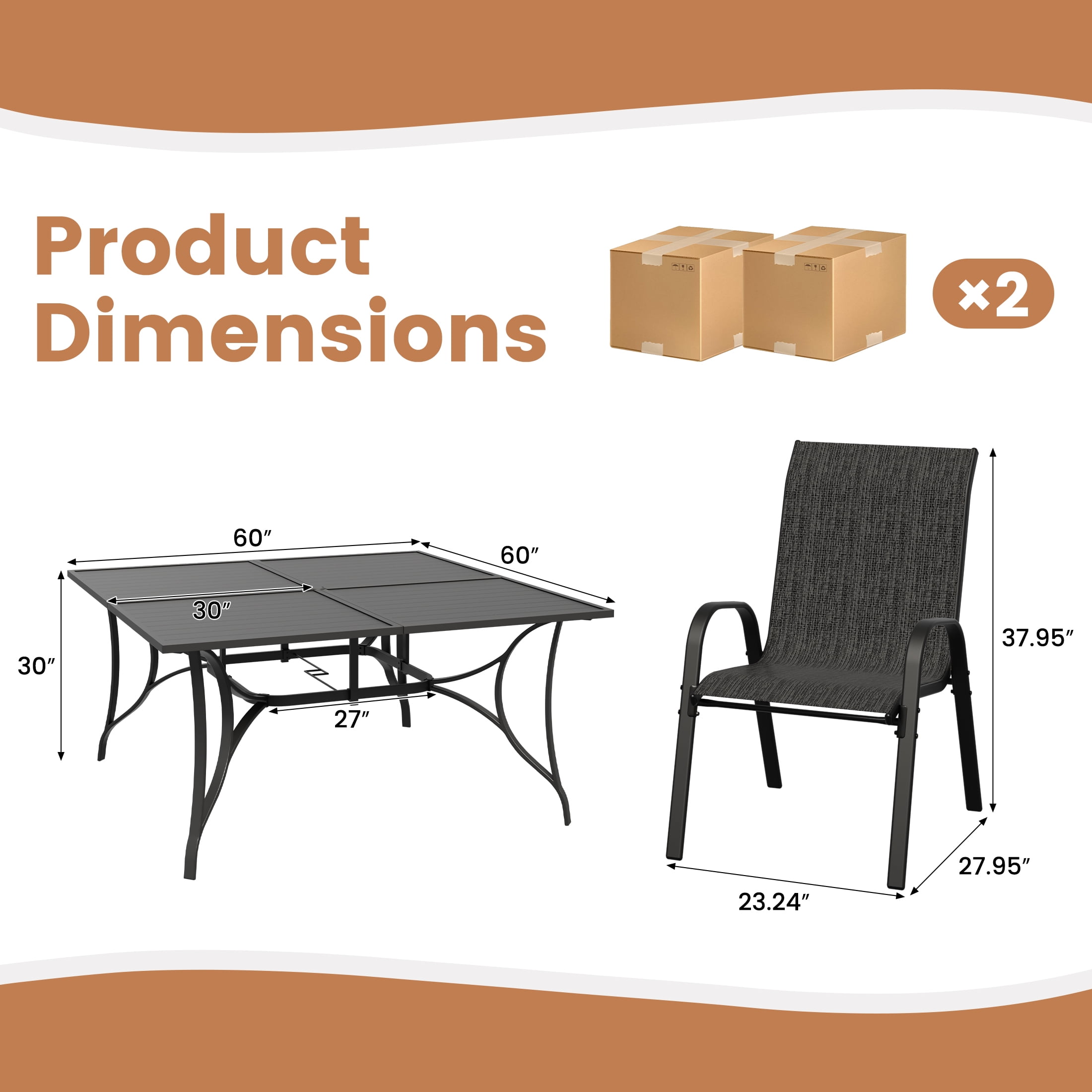 ELPOSUN 9-Piece Outdoor Patio Dining Set, 8 Textilene Chairs & Large Square Steel Table with Umbrella Hole, All-Weather Furniture for Garden, Balcony,Dark gray