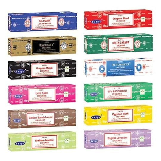 Satya Nag Champa Incense Stick Packs 12 Assorted Fragrances Hand Rolled & Non-Toxic - Perfect for Meditation and Relaxation Home Fragrance Gift Pack Set of 12 Packs 15 Grams Each