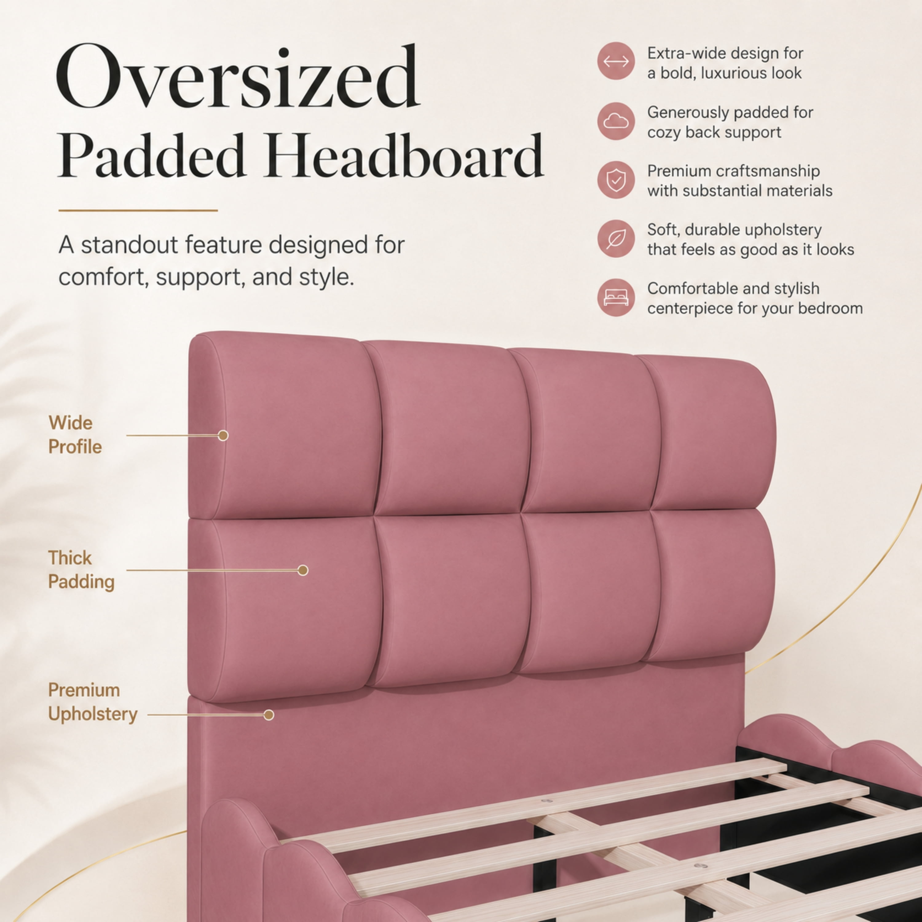 Euroco Upholstery Velvet Twin Size Platform Bed with Tall Panel Headboard, No Box Spring Needed, Pink