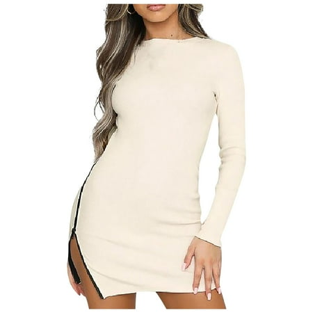 

Valentine s Day Deals Slim Fit Women Dress Long Sleeve Vintage Split Tight Solid Pencil Dress Blouse Pullover Sweatshirts White L