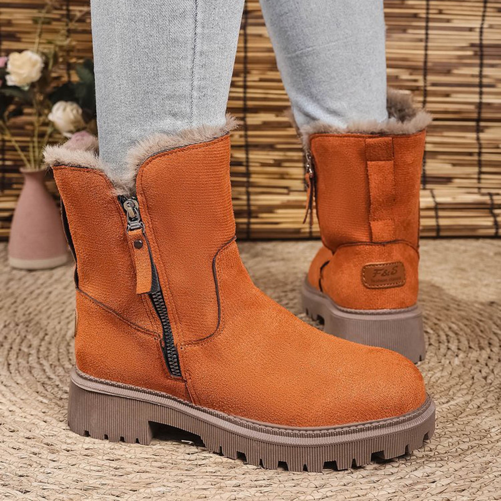 Xfvqtps Thermal Winter Boots for Women Warm Furry Lined Mid Calf Boots Waterproof Snow Shoes Non Slip Sole Outdoor Hiking Booties Comfortable Orange