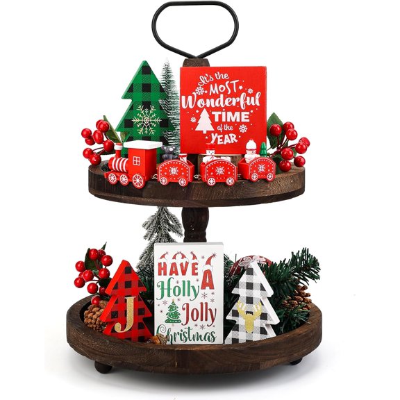 Christmas Decor, Christmas Decorations Indoor, 9PCS Christmas Tiered Tray Decor, Christmas Table Decorations with Christmas Train Set, Farmhouse Home Room Kitchen Mantle Decor