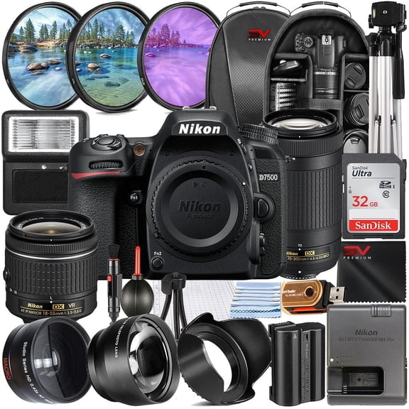 Nikon D7500 Mirrorless Camera with 70-300mm Lens   SanDisk 32GB Memory Card   Full Size Tripod   SV Premium Accessory Bundle (International Version)