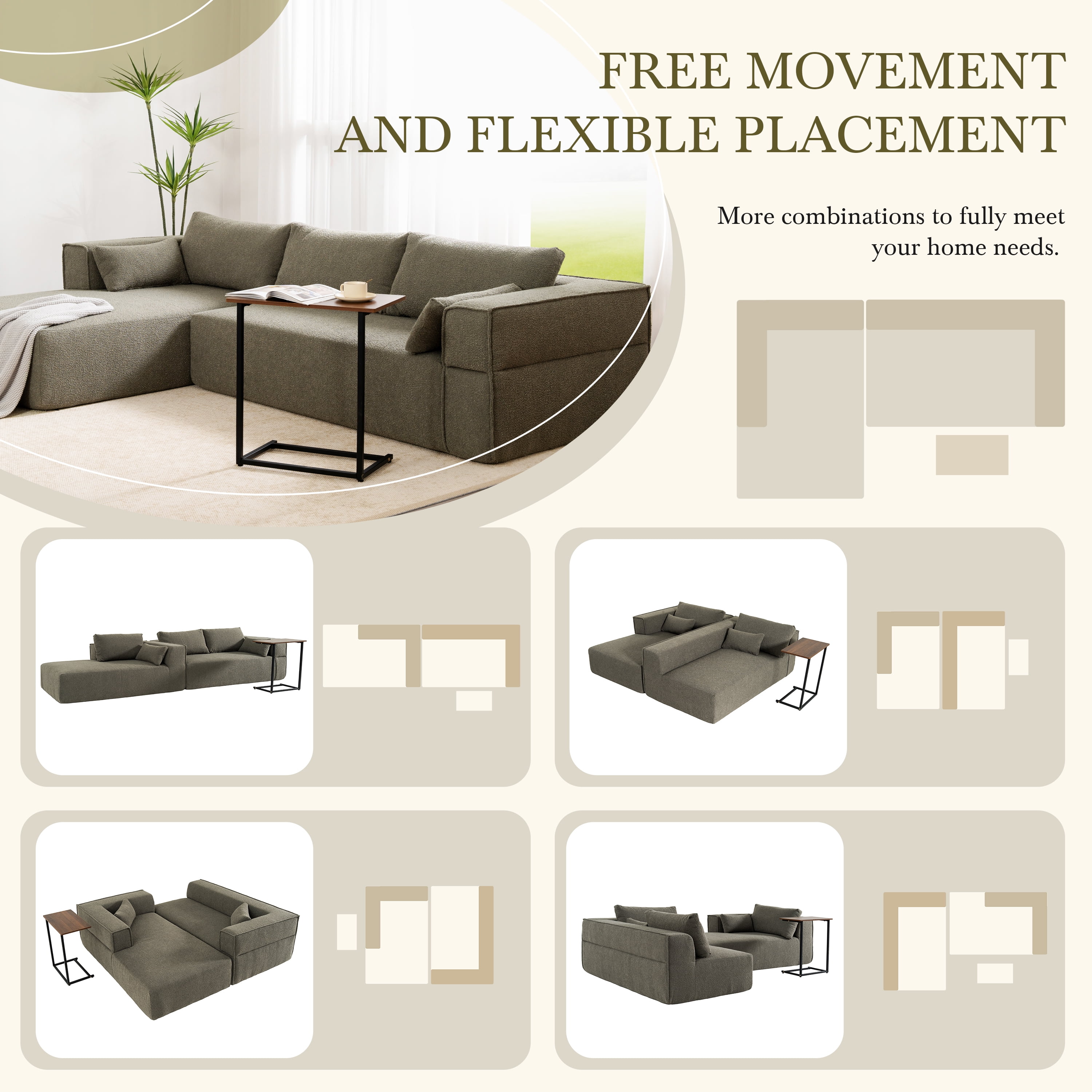 Sectional Sofa, Modular Couch, L-Shaped Fully Compressed with Free Side Table and 2 Pillows, No Assembly Required, Wrinkle-Resistant Boucle Fabric for Living Room, 112 Inch, Grayish Green