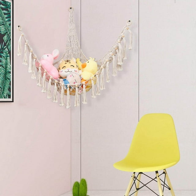 Hamac en Peluche Filet Jouet Macramé Chambre Enfants Boho Salon Présentoir Rangement