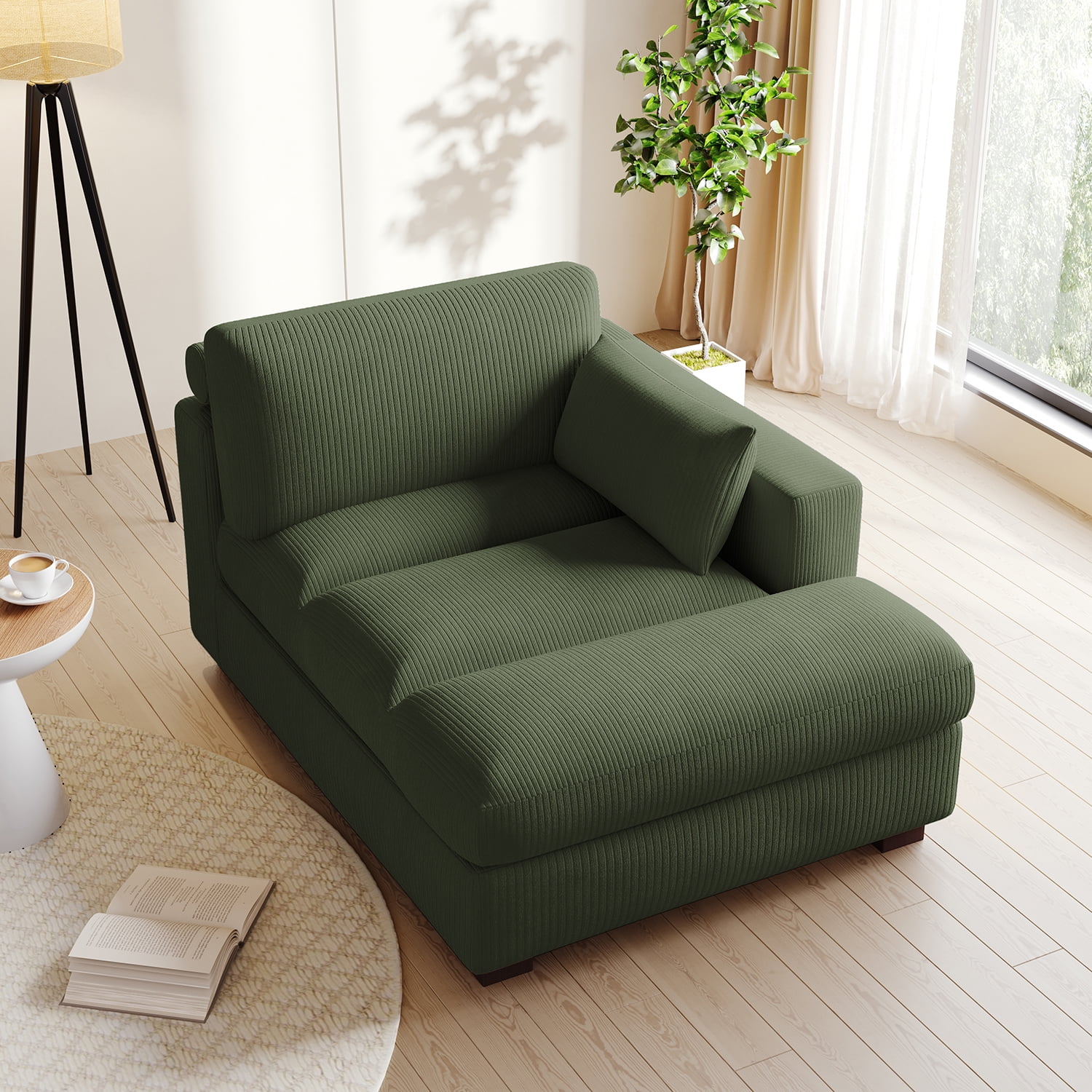 UIXE Chaise Lounge Indoor Upholstered Corduroy Sofa with Left Armrest for Living Room Bedroom, Green