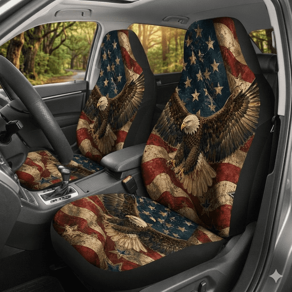 Emacom Ltd Distressed US Flag with Eagle Car Seat Covers, Patriotic American Bald Eagle Auto Seat Protectors, Durable Vehicle Interior Accessories for Car SUV