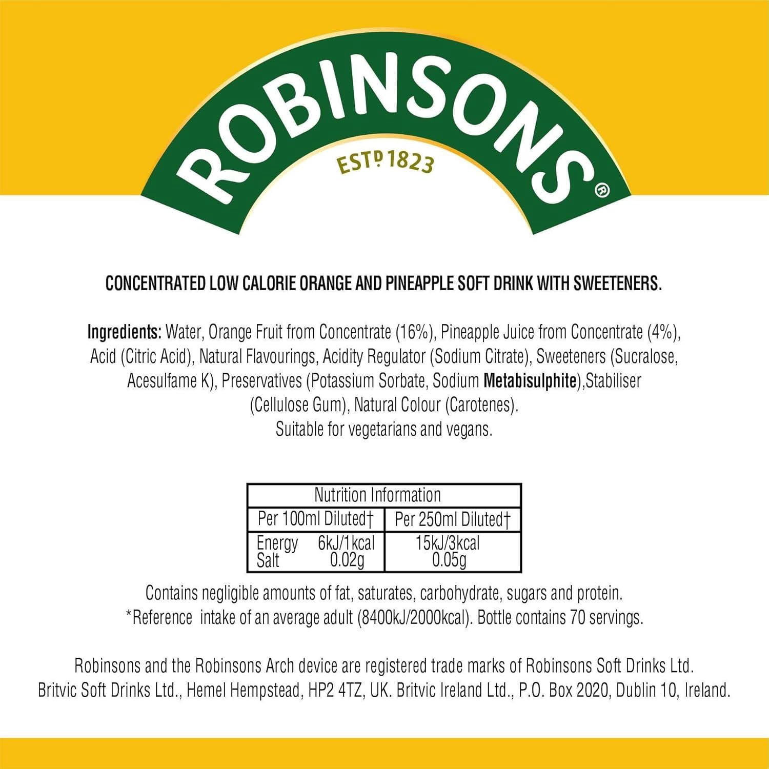 Robinsons Double Strength Orange & Pineapple Squash 1.75L, Imported from Britain