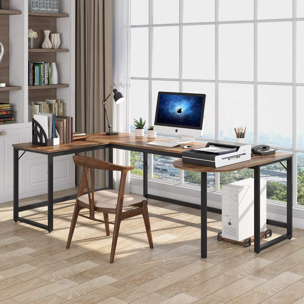 L-Shaped Desk Corner Computer Desk Wide Work Desk with Printer Stand