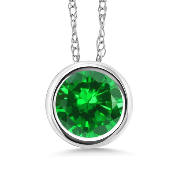 Gem Stone King 14K White Gold Green Simulated Emerald Pendant Necklace for Women (1.00 Cttw, Gemstone, Round 6MM, with 18 inch Chain)