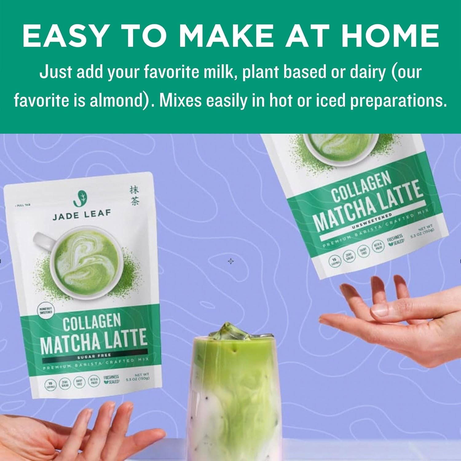(5 pack) Jade Leaf Matcha Latte, Unsweetened Grass Fed Collagen and Organic Matcha, Premium Barista Crafted Mix, 5.3 oz
