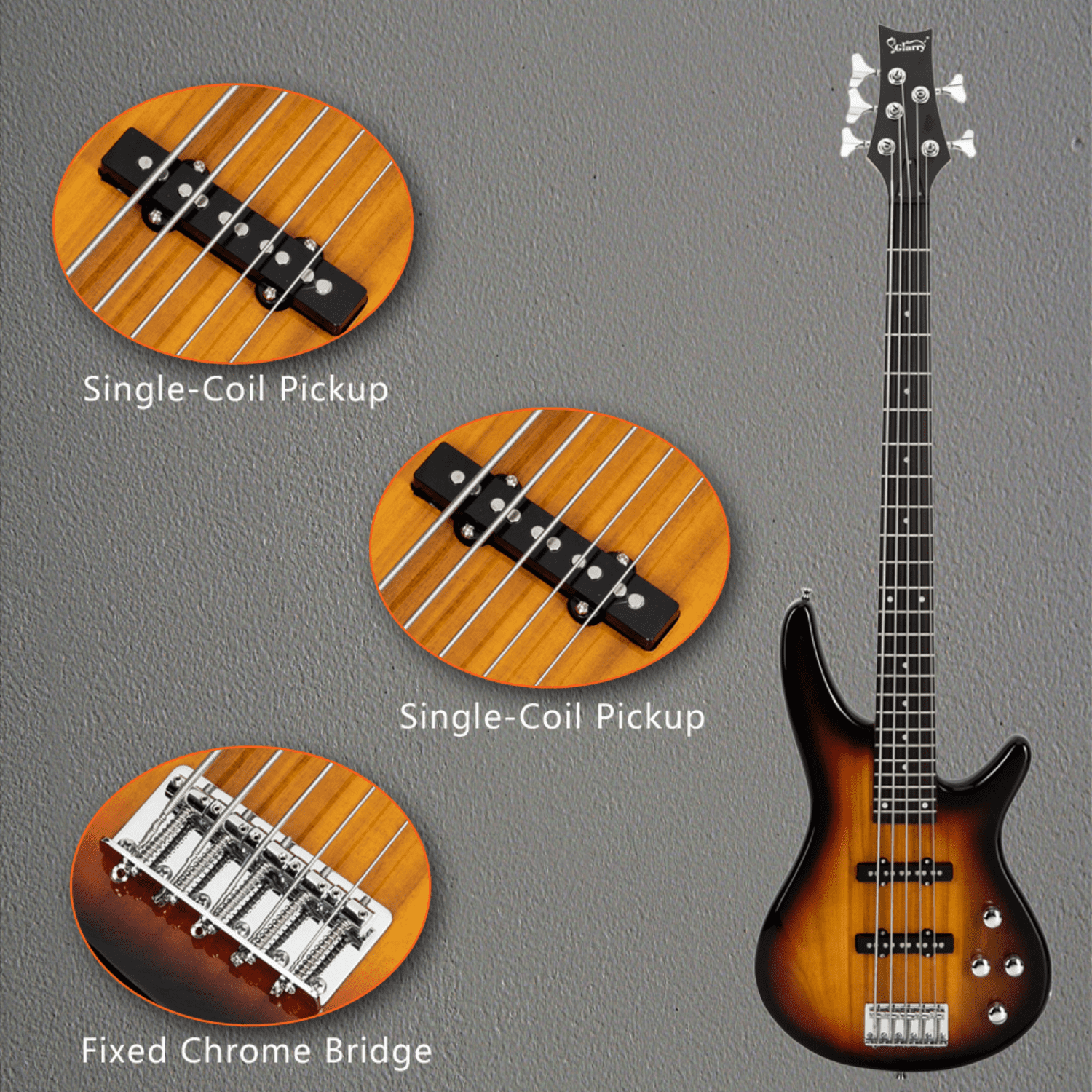 Hassch Electric Bass Guitar Full Size, 5 Strings Bass with Bag, Strap, Pick, Connector and Wrench Tool for Beginners, Sunset Color