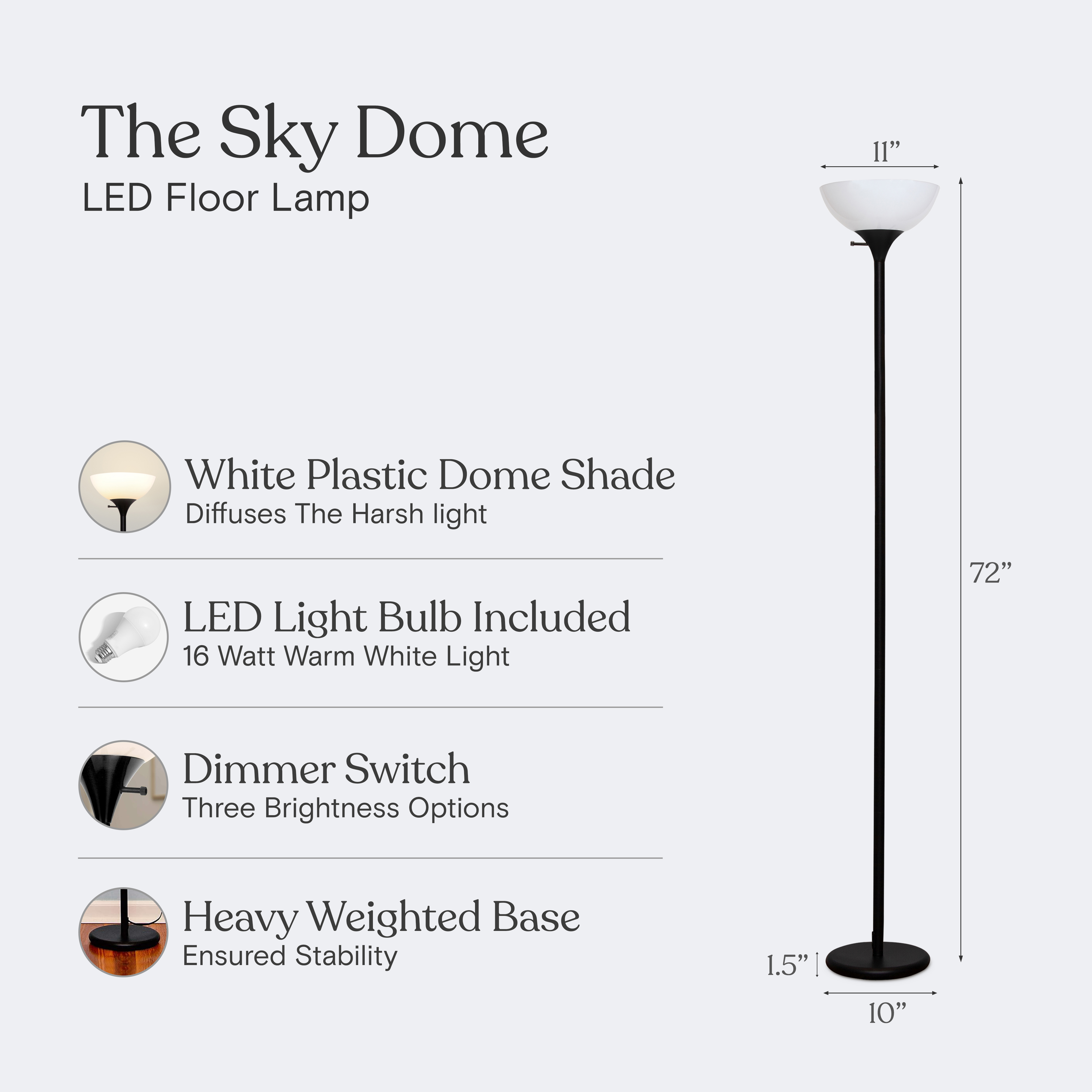 Brightech Sky Dome 72 in. Black Torchiere LED Uplight Floor Lamp
