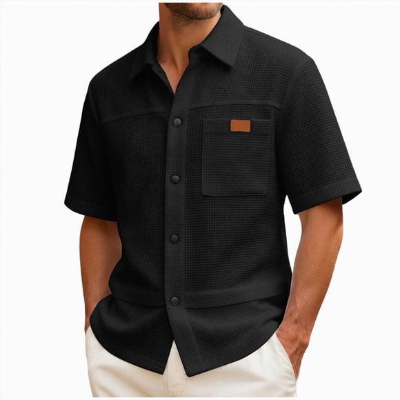 Ymyiu Mens Vacation Shirt Men's Western Shirts Short Sleeve Snap Plaid Cowboy Shirt Vintage Summer Casual Button Down Shirt Size M(Black, M)