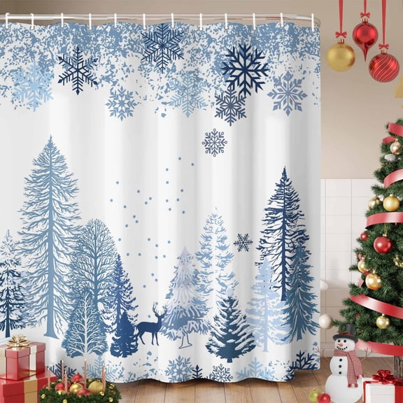 Blue Christmas Shower Curtain, Xmas Tree Snowflake Elk Winter Waterproof Fabric Shower Curtains with 12 Hooks, Bathroom Curtain Set for Bathroom Accessories Decor, 72 x 78 Inches
