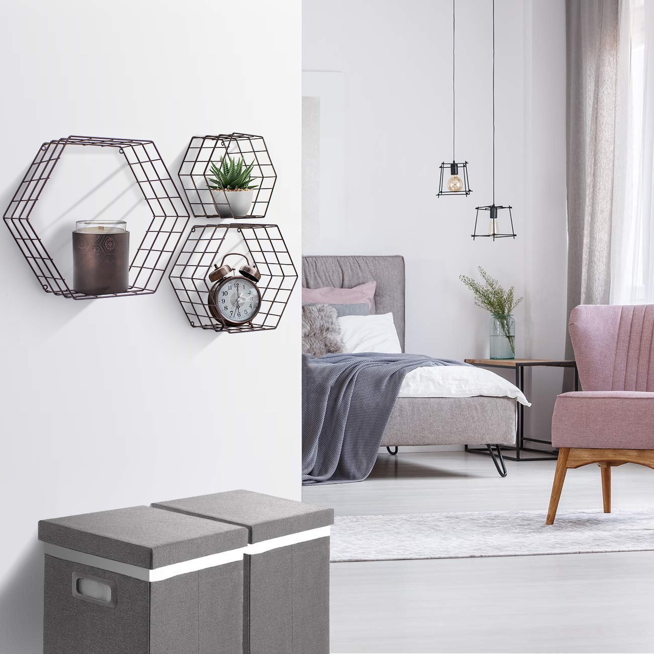 Sorbus Floating Shelves, 3 Pack Wall Mounted Metal Wire Hexagon Design, 14 x 12 Inch Wall Shelves for Bedroom, Kitchen, Living Room, Bathroom Shelves Over The Toilet, Home Décor