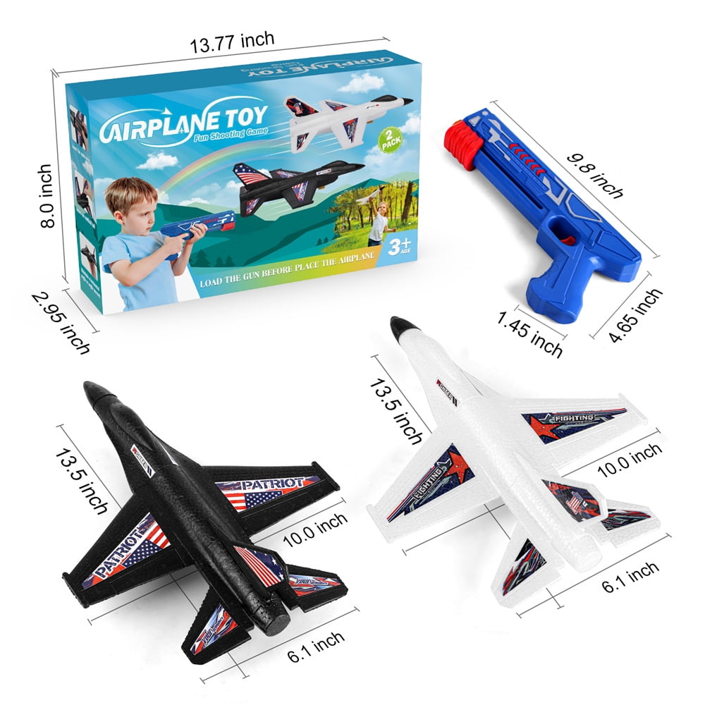 Growsly 2 Pack Catapult Airplane Foam Warplane Glider Toys with Launcher Xmas Gifts for 4-12 Years Old Kids, Black and White