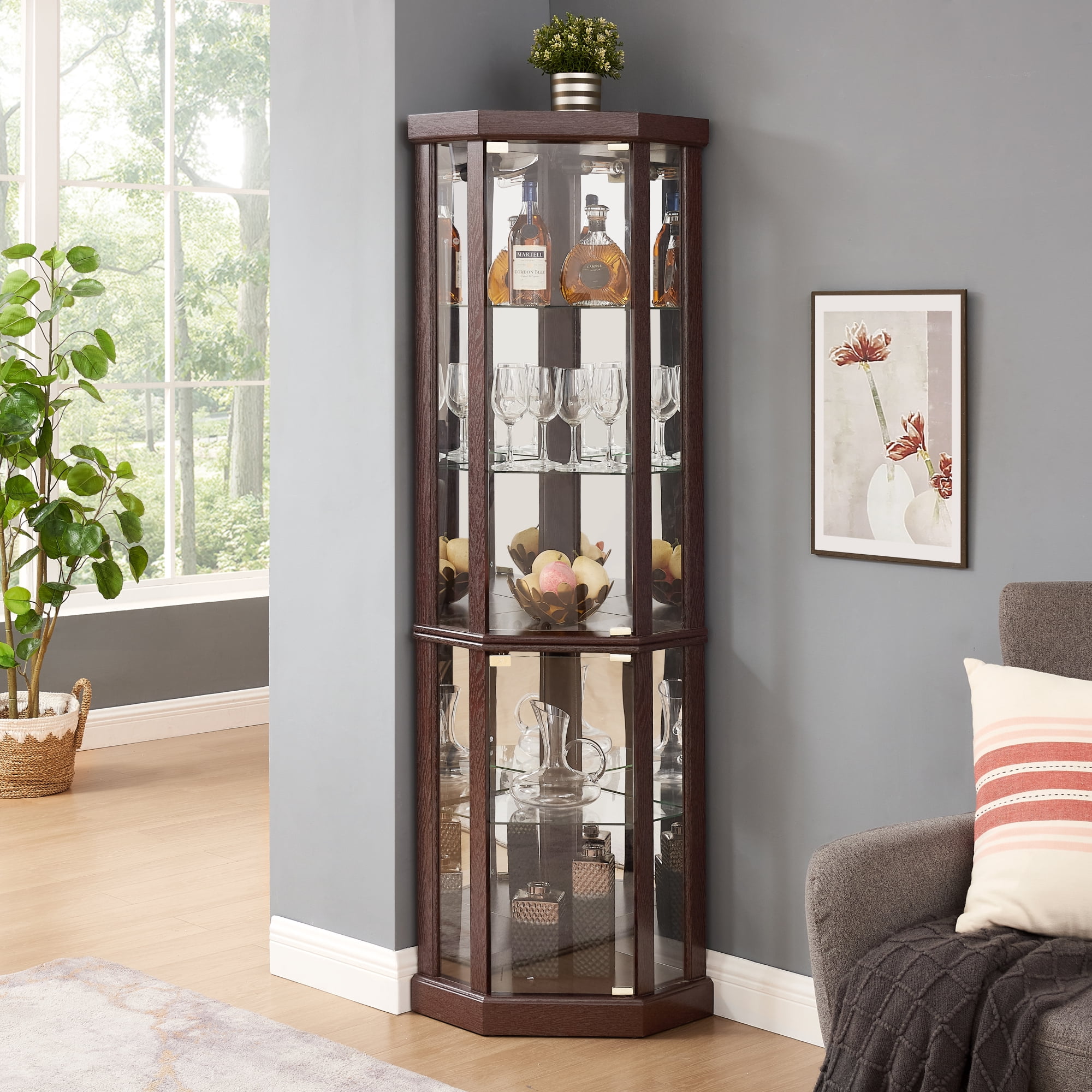 Leumius Corner Lighted Curio Cabinet Corner Glass Cabinet Lighted Curio Cabinet Corner Display Case for Living Room, Curio Cabinet, Antique Collection, Wine Cherry