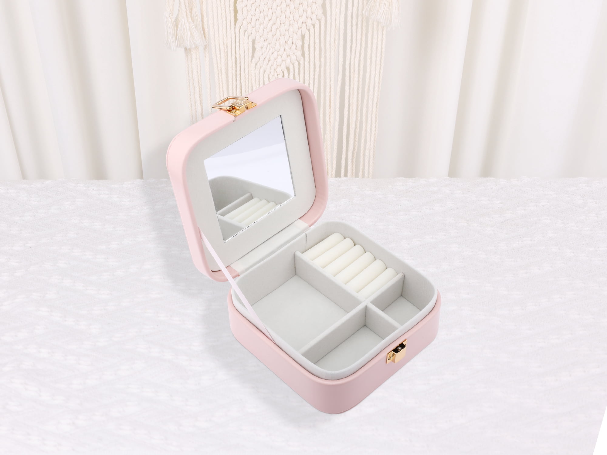 Unique Bargains PU Leather Jewelry Box Jewelry Organizer with Mirror Pink