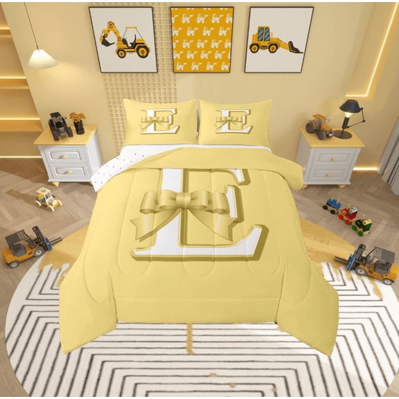Erosebridal Initial Letter E Comforter Sets Twin Size, Yellow Comforters & Duvets, Kawaii Bow-tie Reversible Duvet Insert, Lightweight Room Decorative, 2 Pieces