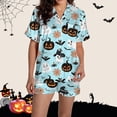 thumbnail image 2 of Halloween Pajamas Women,Cute Pjs for Women Satin Pajama Set Silk 2 Piece Sets Loungewear Button Down Short Sleeve Shirt and Shorts Pj Set Sleepwear Spooky Cute Gothic Pajamas Halloween Gifts Green, 2 of 5