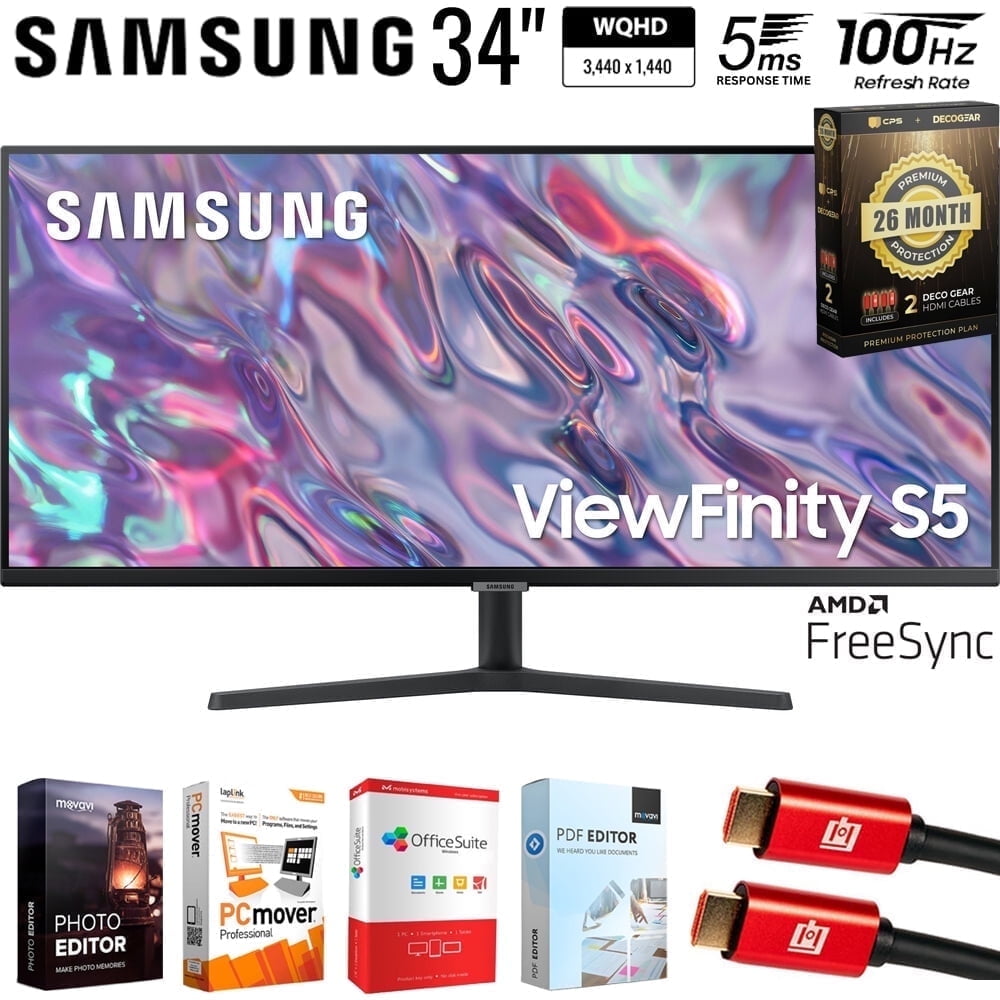 Samsung 34 inch ViewFinity S50GC Series 1440p HDR Ultrawide Monitor Bundle with Tech Smart USA Elite Suite 18, 2x 4K HDMI Cable & Deco Gear CPS Exclusive 26 Month Protection Pack (BEACH-CPS-26M500)