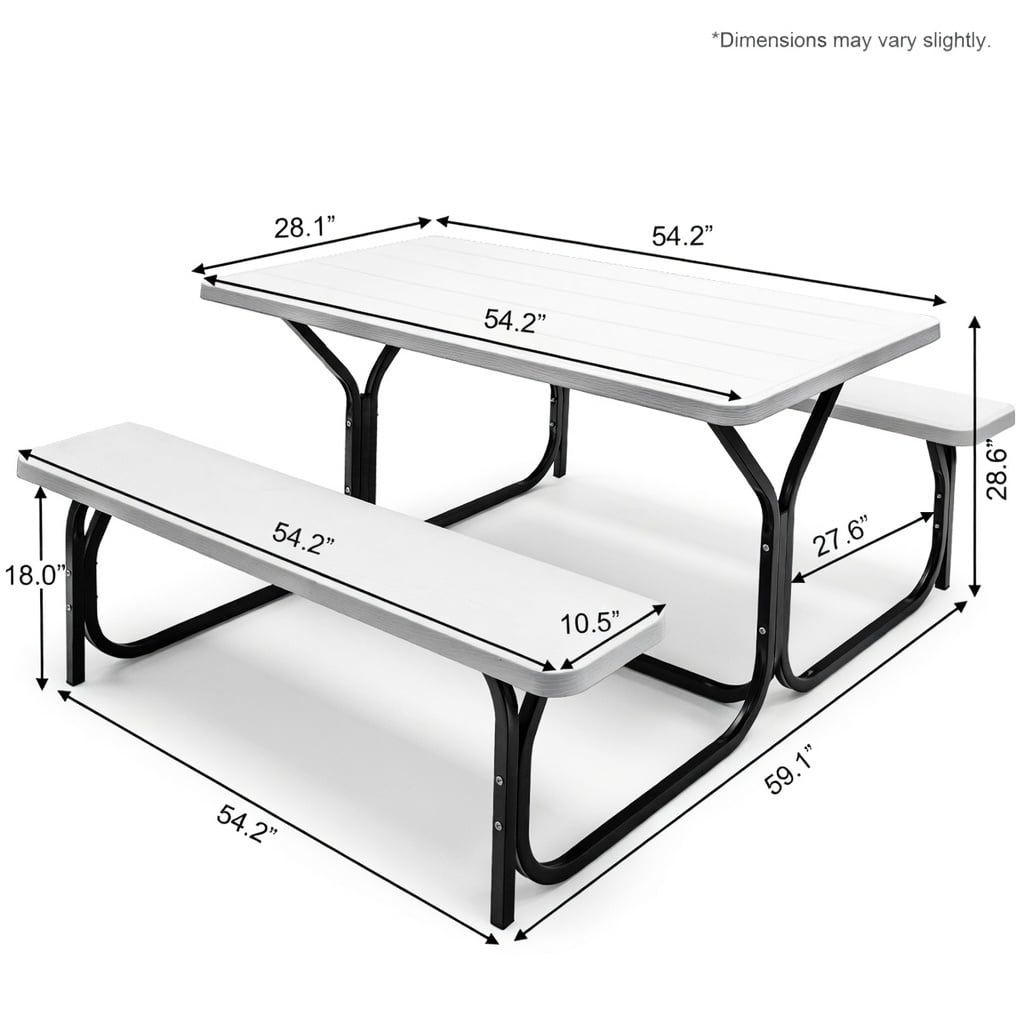 Hommoo Outdoor Picnic Table and Bench Set, HDPE Weather-Resistant Folding Patio Table with 2 Benches, White