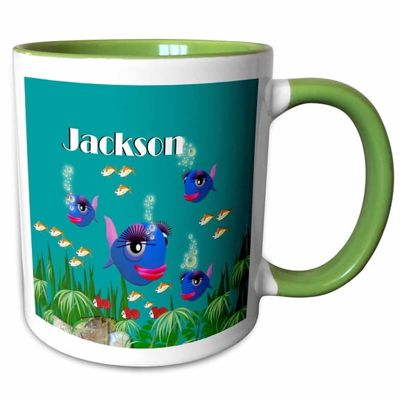 3drose, This Vibrant Artwork of Fish under the Sea Is Personalized with the Name Jackson, 11oz Two-tone Green Mug