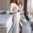 thumbnail image 4 of Vestido de cinturón de manga larga de color sólido con abertura delgada informal con cuello en V para mujer Pompotops hdfakjf7423, 4 of 6