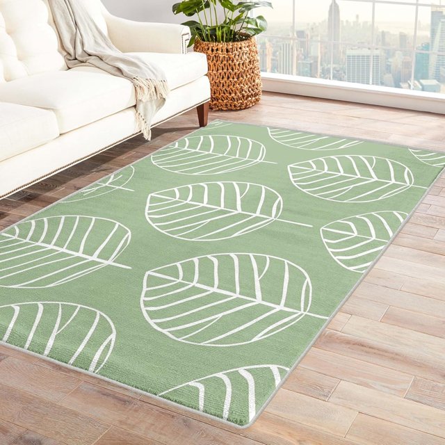 Leaf Area Rugs for Bedroom Living Room - 6x8 ft - Green Carpet for Home Decor - Green Patterned Decorative Indoor Large Rug - Washable & Soft & Non Slip & Low Pile (ZL&100)
