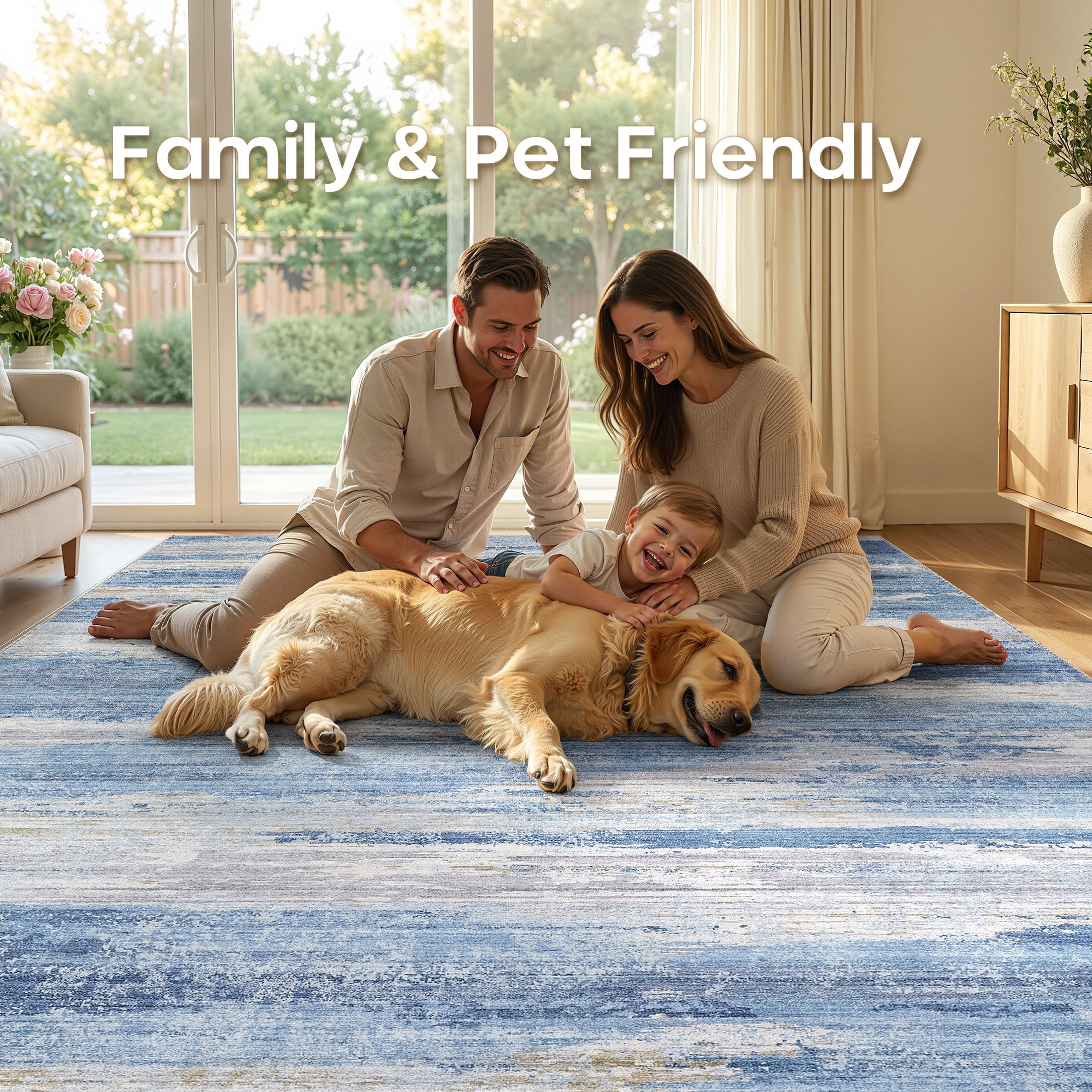 UERMEI 10'x12' Area Rugs for Living Room, Modern Abstract Washable Rug for Bedroom Dining Room Office, Non-Slip Soft Low Pile Home Decor Carpet Accent Rug, Sky Blue
