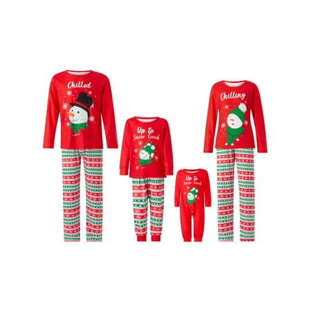 

Family Matching Christmas Pajamas Sets Cartoon Snowman Print Long-Sleeved Tops+Elastic Waist Snowflake Pattern Trousers Sleepwear