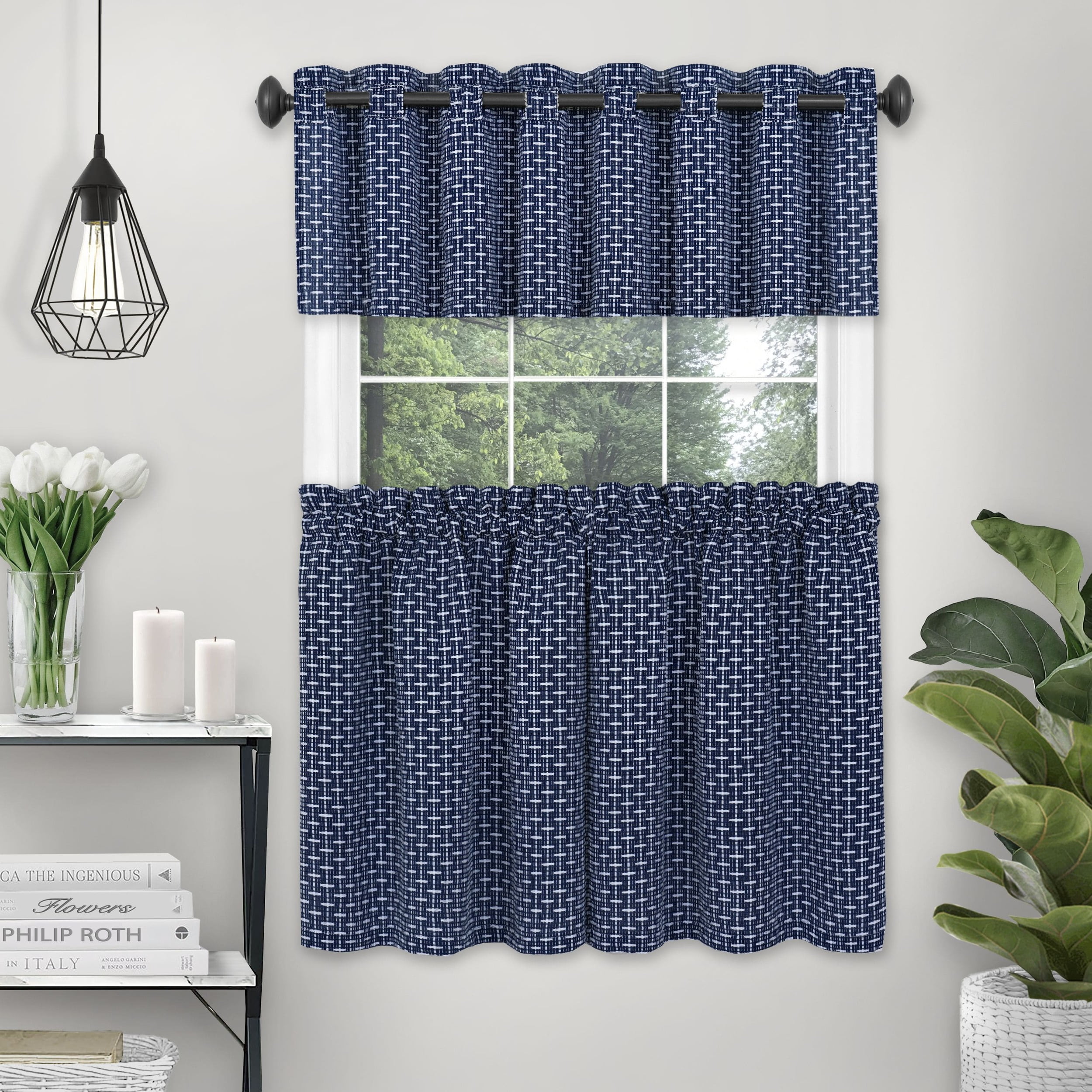 Achim Bedford Rod Pocket Light Filtering Curtain Tier Pair, Navy, 58" x 24"