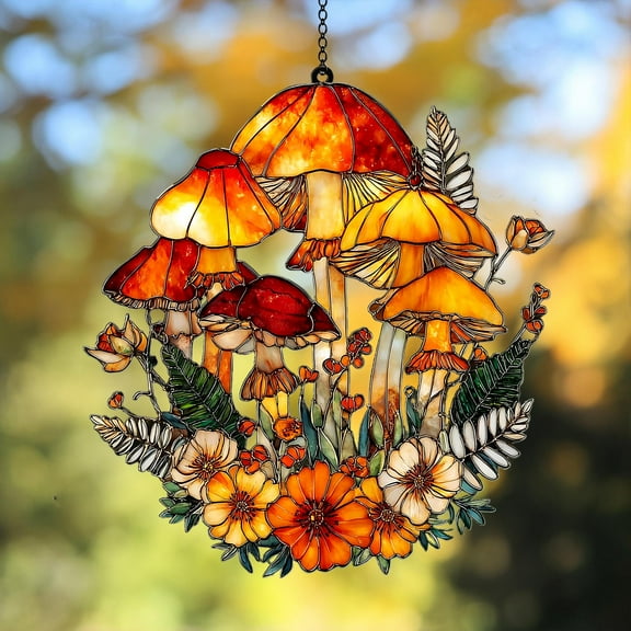 Enchanted Mushroom & Wildflower Acrylic Suncatcher, Cottagecore Faux Stained Glass Window Hanging, Forest Decor Gift, Mushroom Garden Decor