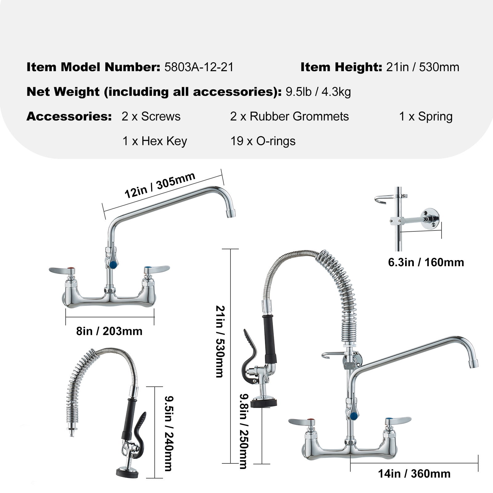KFFKFF 21" High Commercial Kitchen Wall Mount Sink Faucet Pre-Rinse Sprayer